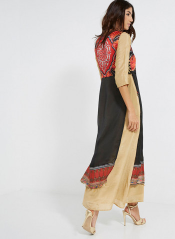 Long Sleeve Abstract Infusion Kurti Black/Red/Beige