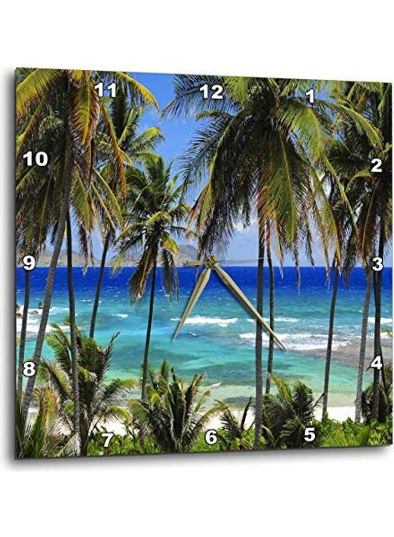 Tropical Day Scene With Swaying Palm Trees And Glimpses Of Blue Ocean Wall Clock Multicolour 15x15inch