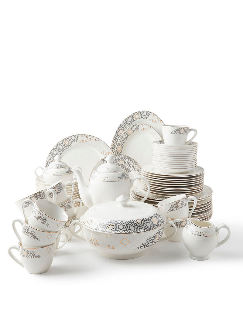 New Bone China Dinner Set, Plates, Mugs, Bowls, Cups, Saucers, Serves 8, Moroccan Gold 70-Piece