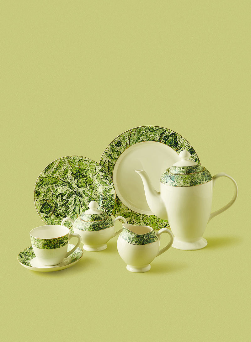 New Bone China Dinner Set, Plates, Mugs, Bowls, Cups, Saucers, Serves 8, Mosaic Green 70-Piece