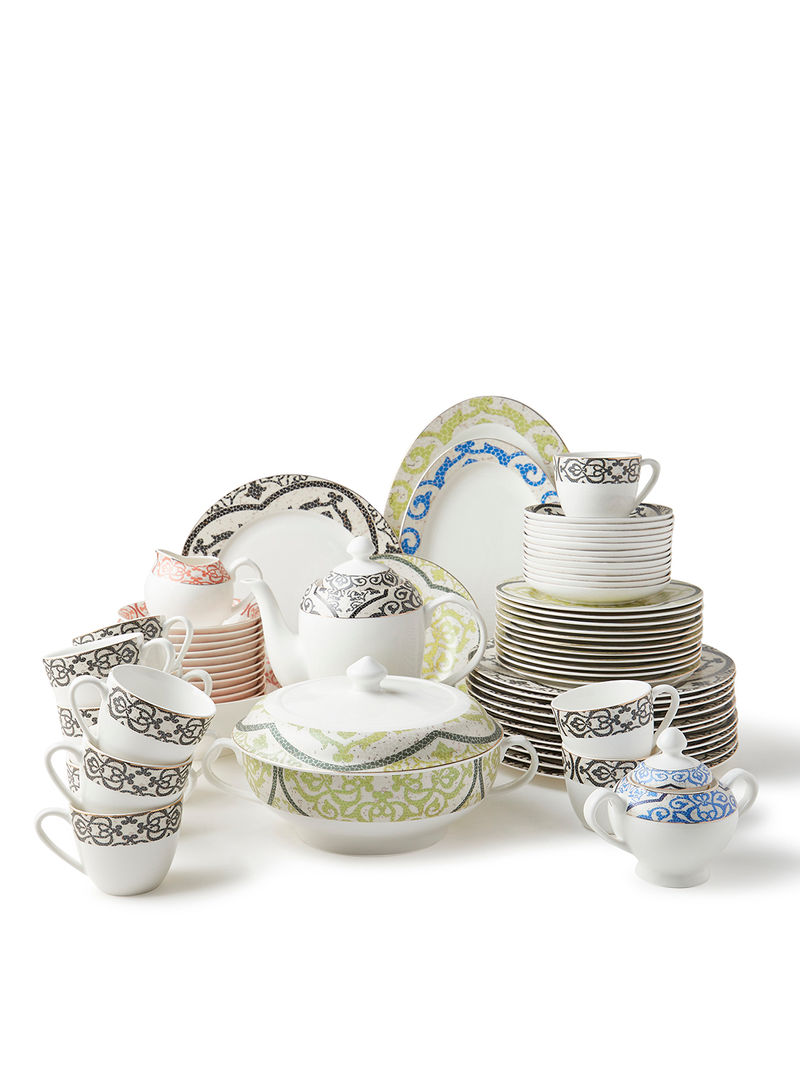 New Bone China Dinner Set, Plates, Mugs, Bowls, Cups, Saucers, Serves 8, Vivid Mosaic 70-Piece