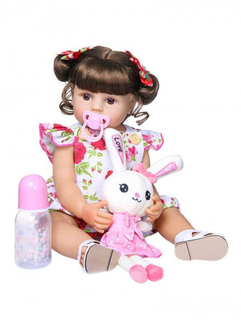 Reborn Lifelike Baby Doll Set with Floral Dress and Rabbit Toy 22inch