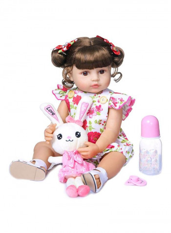 Reborn Lifelike Baby Doll Set with Floral Dress and Rabbit Toy 22inch