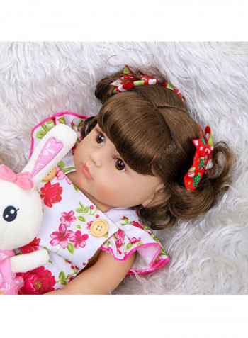 Reborn Lifelike Baby Doll Set with Floral Dress and Rabbit Toy 22inch
