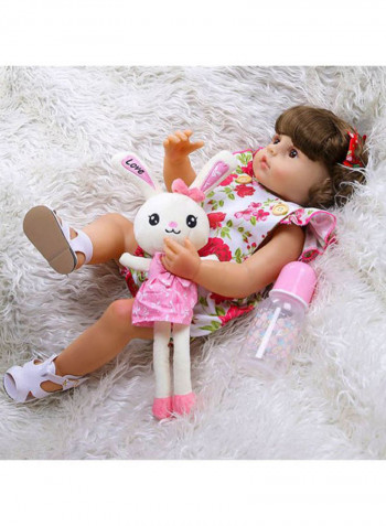 Reborn Lifelike Baby Doll Set with Floral Dress and Rabbit Toy 22inch