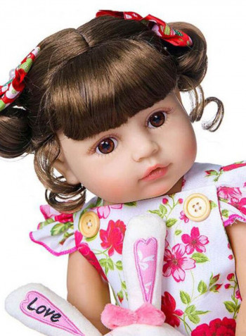 Reborn Lifelike Baby Doll Set with Floral Dress and Rabbit Toy 22inch