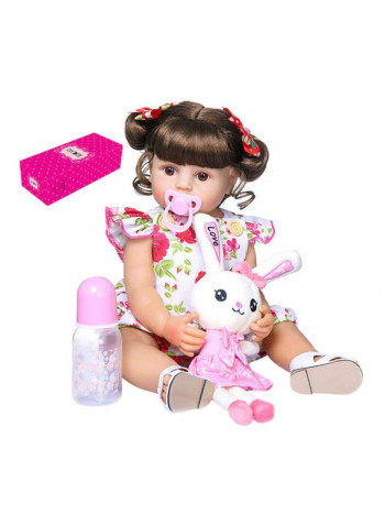 Reborn Lifelike Baby Doll Set with Floral Dress and Rabbit Toy 22inch