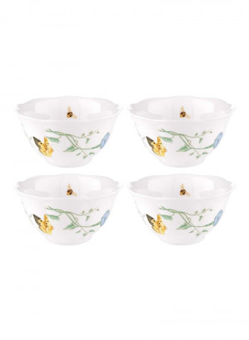 4-Piece Butterfly Printed Meadow Rice Bowls White/Green 16ounce