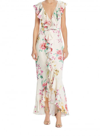 Cap Sleeve Ruffle Detail Floral Printed Dress White