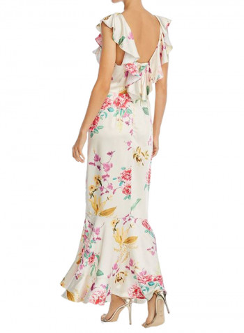 Cap Sleeve Ruffle Detail Floral Printed Dress White