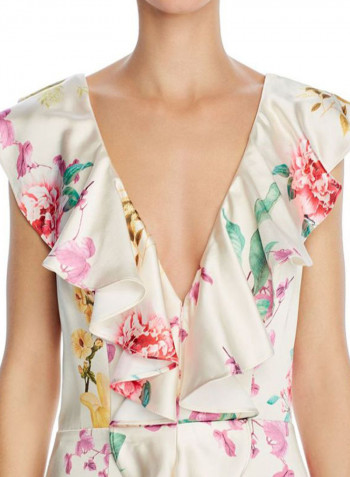 Cap Sleeve Ruffle Detail Floral Printed Dress White