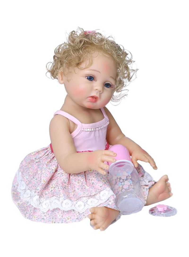 Reborn Lifelike Baby Doll with Curly Blond Hair and Floral Dress 18.5inch
