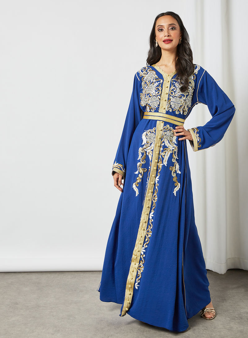 Floral Embellishement Moroccan Kaftan Blue/Gold