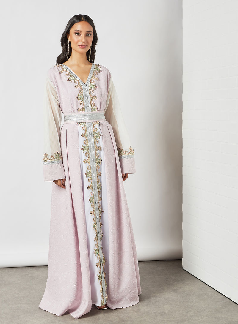 Floral Printed And Embroidery Embellished Moroccan Kaftan Pink/Grey