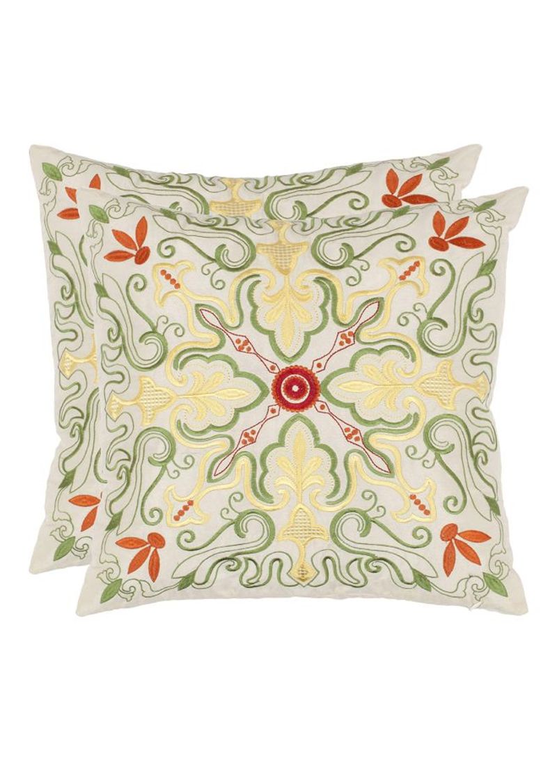 2-Piece Embroidered Decorative Throw Pillow White/Green/Beige 18x18inch