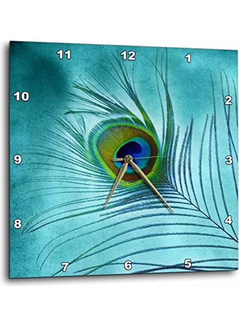 Peacock Feather On Turquoise Background Wall Clock Multicolour 15x15inch