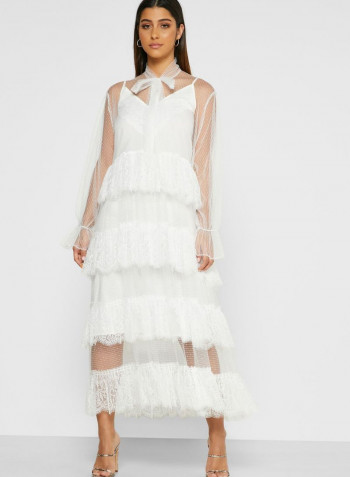 Sheer Lace Tiered Dress White
