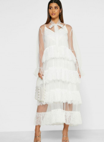 Sheer Lace Tiered Dress White
