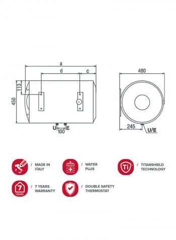 Horizontal Electric Water Heater 50L PRO-1R  PRO1 R White/Grey