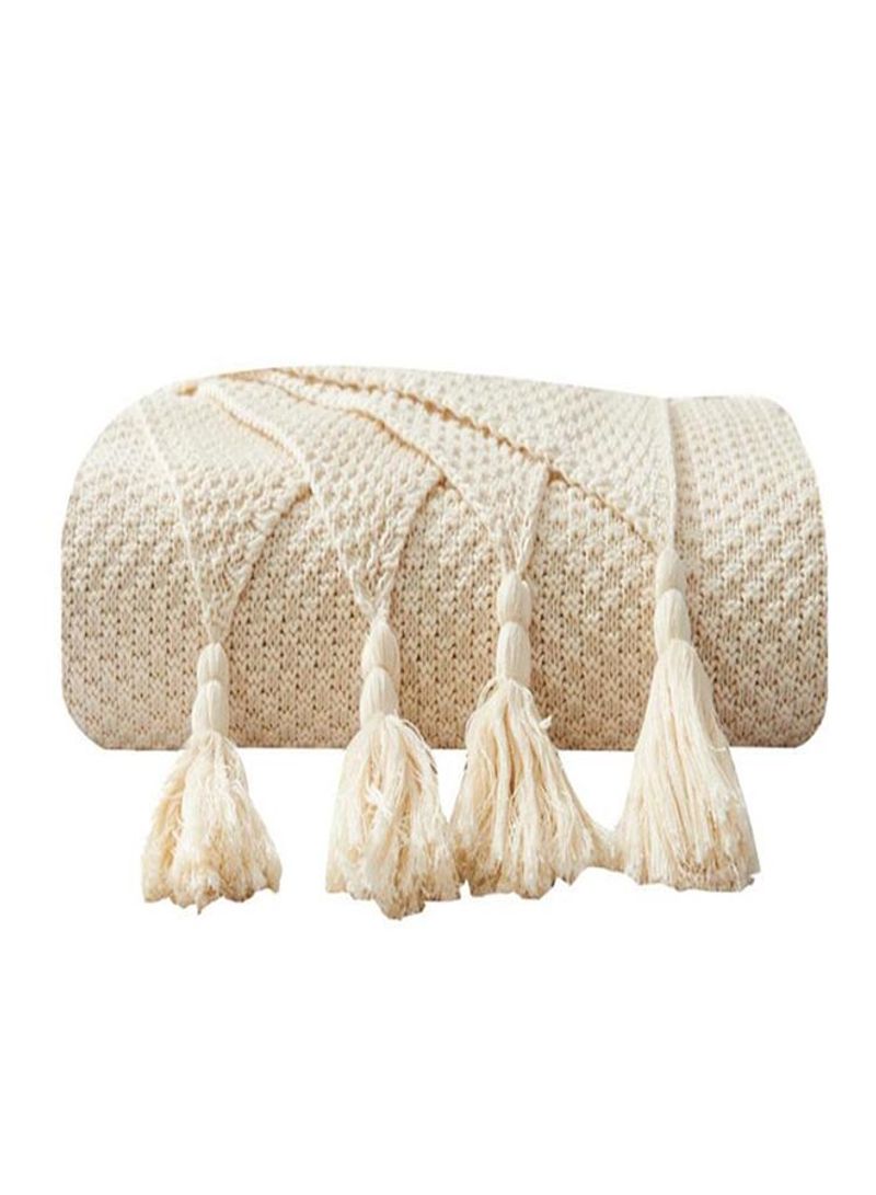 Tassels Knitted Supple Cozy Blanket Cotton Cream 130x170centimeter