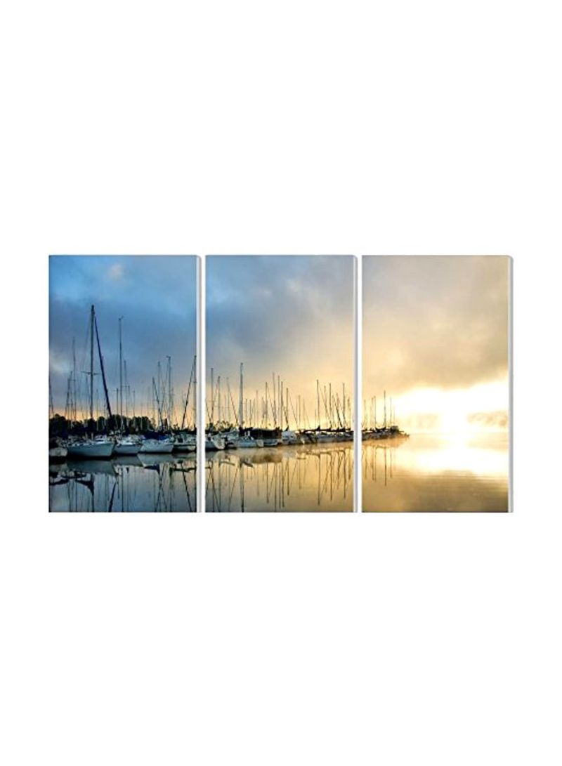3-Piece Sail Boats On The Dock Triptych Wall Art Triptych Wall Plaque Art Set Blue/Yellow/Black 11x17x0.5inch