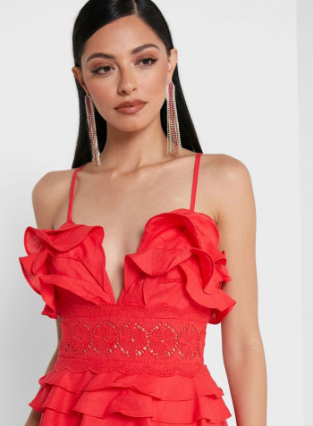 Ruffle Plunge Neck Cami Dress Red
