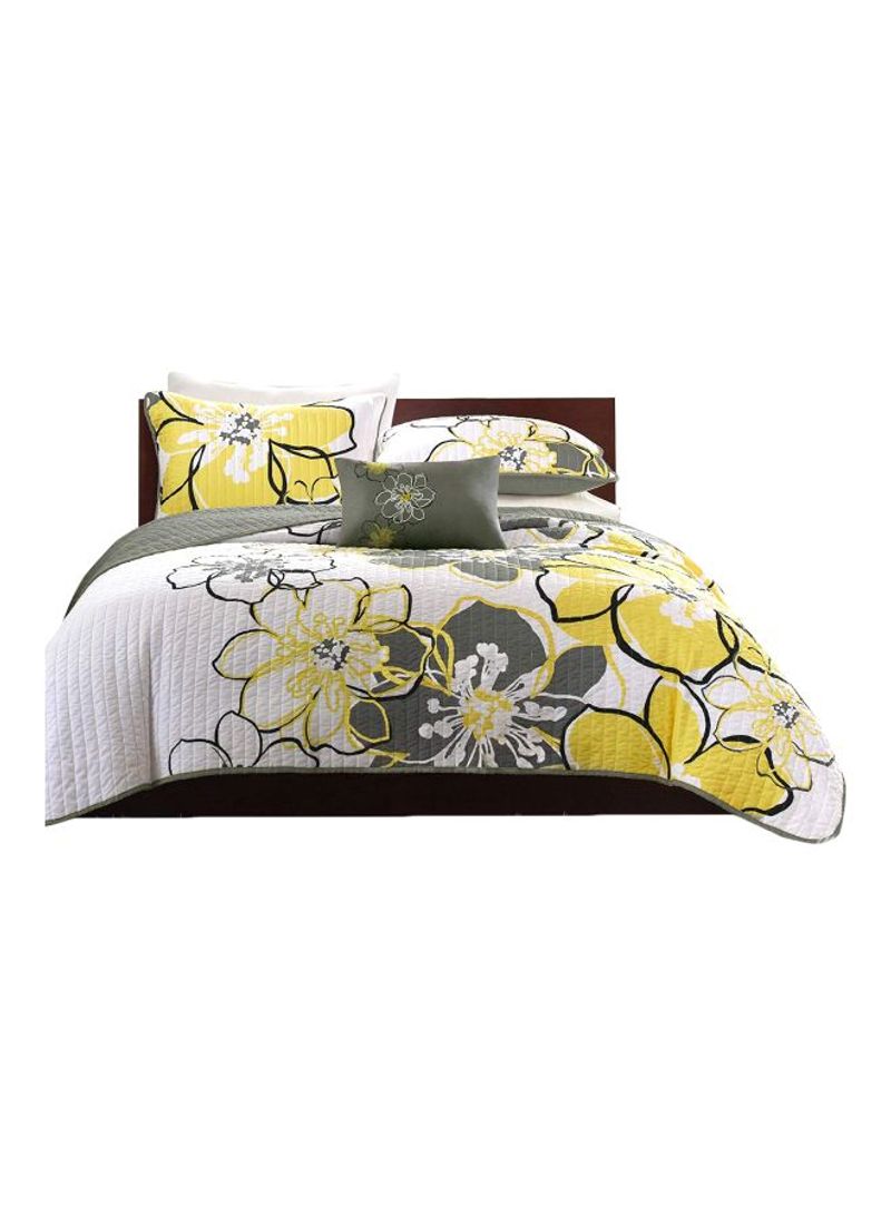 4-Piece Printed Coverlet Set Polyester Yellow/Grey/White Queen