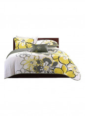4-Piece Printed Coverlet Set Polyester Yellow/Grey/White Queen