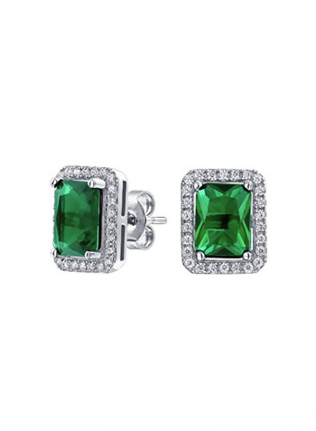 Rhodium Plated Sterling Silver 1.50 Ct Emerald And 0.02 Ct Cubic Zirconia Studded Stud Earrings