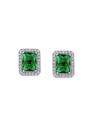 Rhodium Plated Sterling Silver 1.50 Ct Emerald And 0.02 Ct Cubic Zirconia Studded Stud Earrings