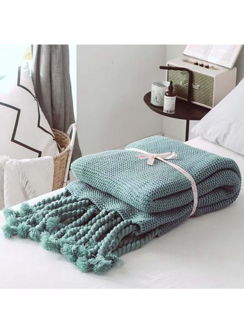 Solid Color Knitted Tassel Throw Blanket Cotton Green 130x170centimeter