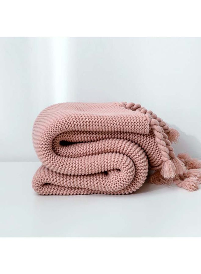 Solid Color Knitted Tassel Throw Blanket Cotton Pink 130x170centimeter