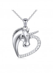 925 Sterling Silver Forever Love Unicorn in Heart Pendant Necklace