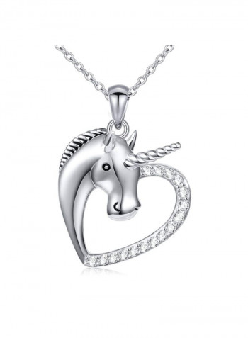 925 Sterling Silver Forever Love Unicorn in Heart Pendant Necklace