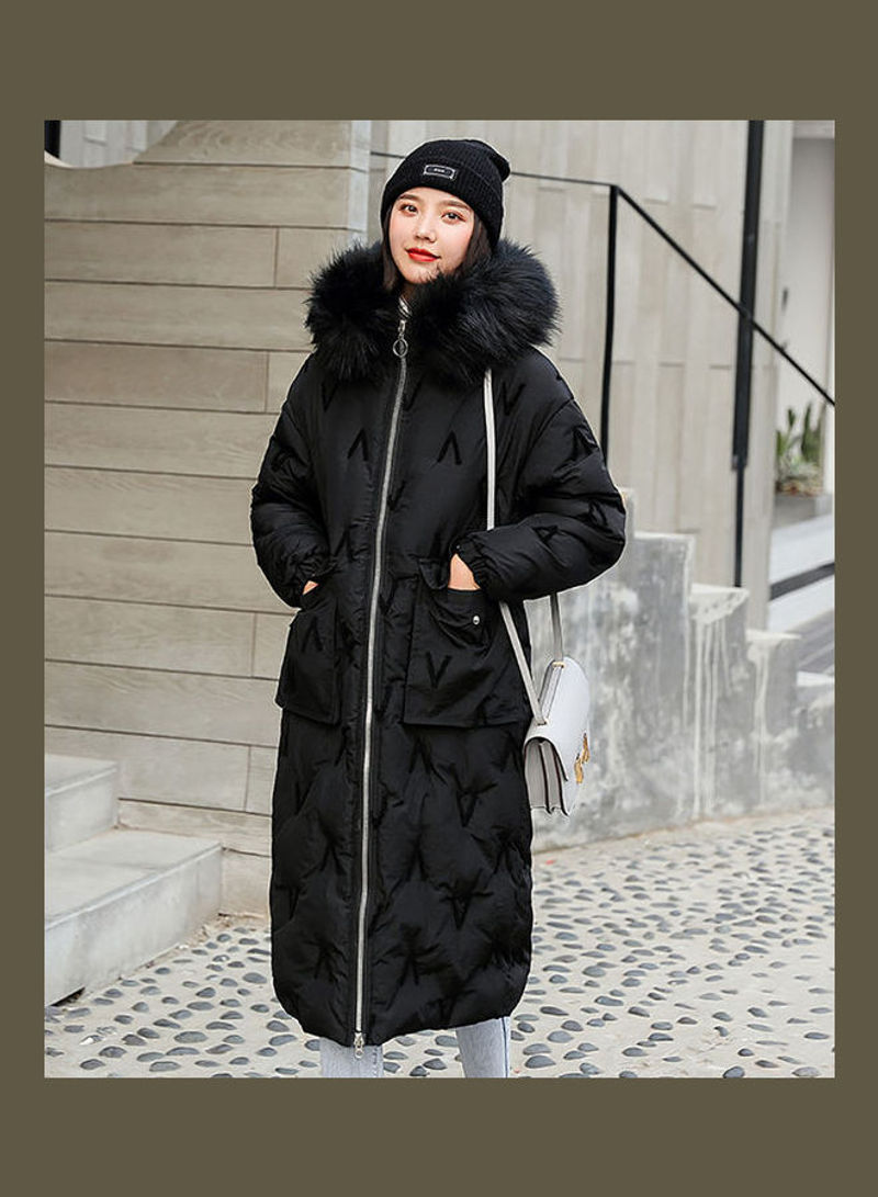 Long Hooded Large Size Wool Collar Coat Black