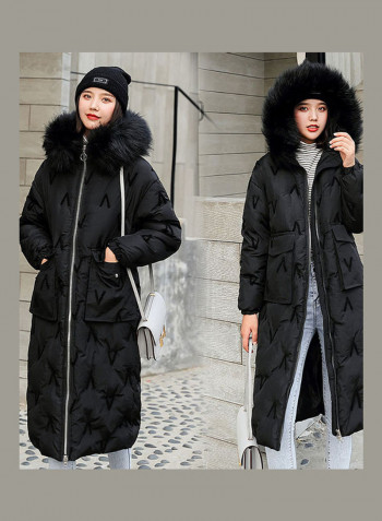 Long Hooded Large Size Wool Collar Coat Black