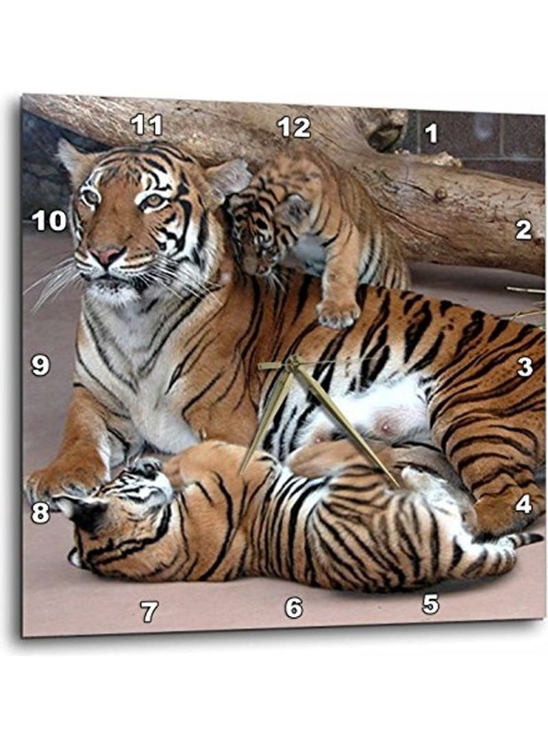 Mother Tiger With Cubs Printed Wall Clock Multicolour 15x15inch