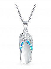 Rhodium Plated Synthetic Flip Flop Pendant Necklace With Opal