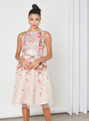 Floral Embroidered Dress Peach Pink