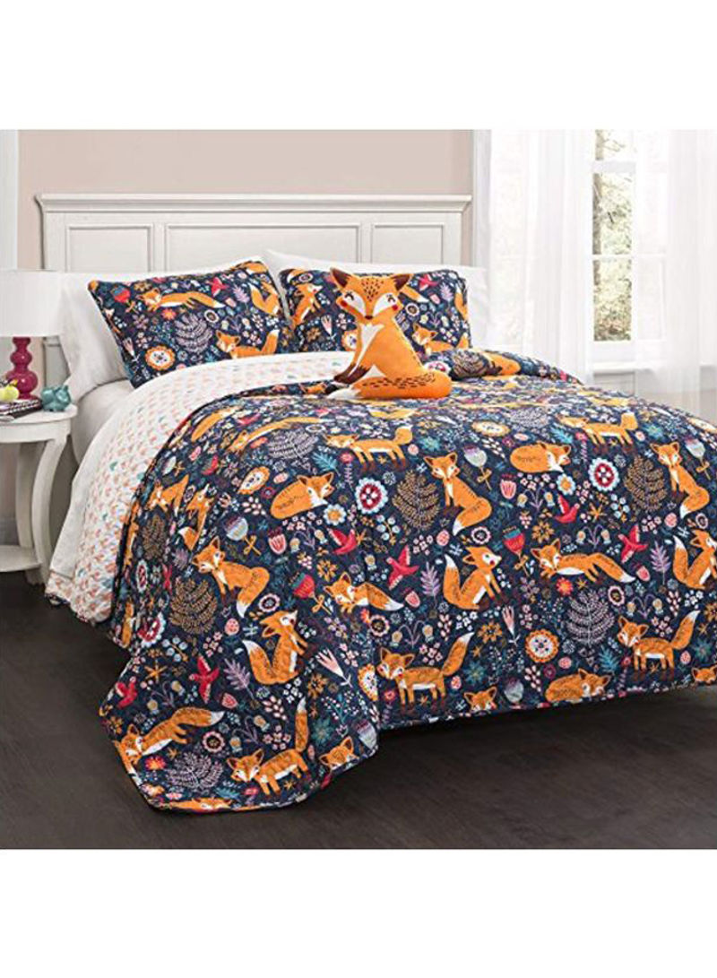 3-Piece Pixie Fox Printed Quilt Set Polyester Navy/Orange/White Twin