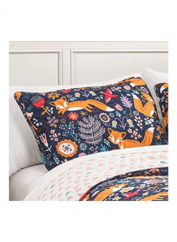 3-Piece Pixie Fox Printed Quilt Set Polyester Navy/Orange/White Twin