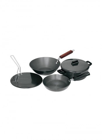 4-Piece Futura Hard Anodised Cookware Set Black/Silver Tawa 26x0.635, Frying Pan 22x0.406, Deep-Fry Pan 26x0.406, Serve Bowl 23x0.406cm
