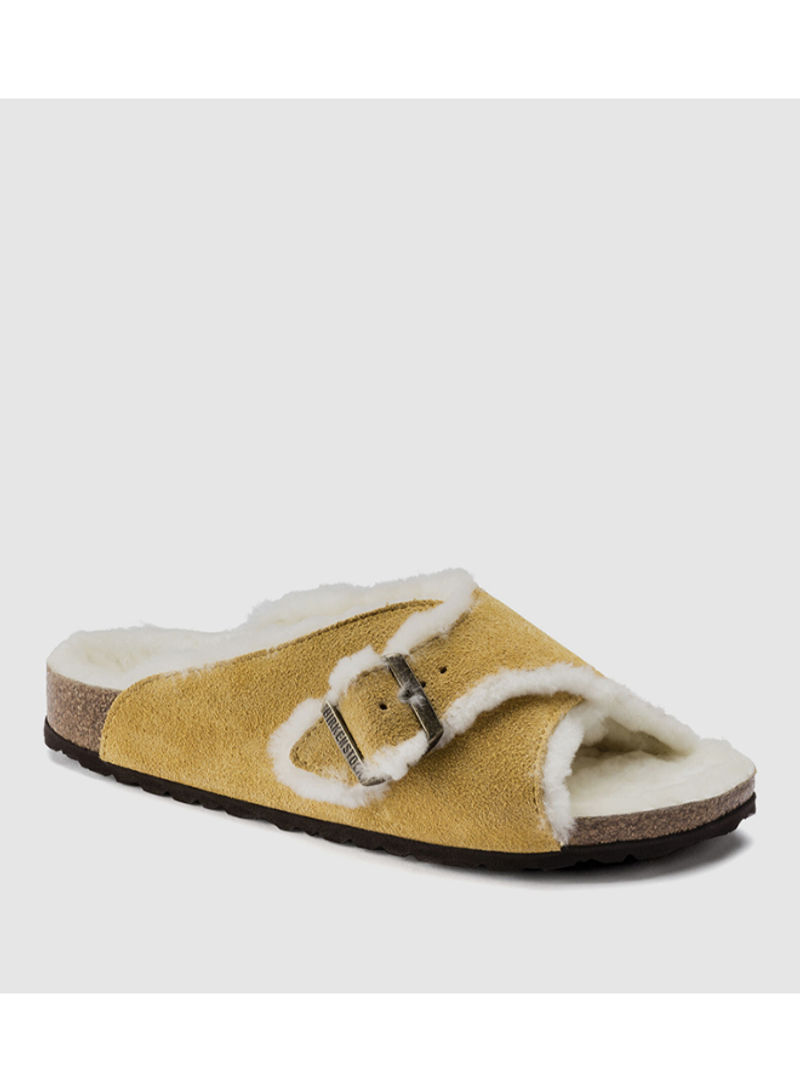 Arosa Suede Faux Fur Lined Open Toe Slides Yellow/White