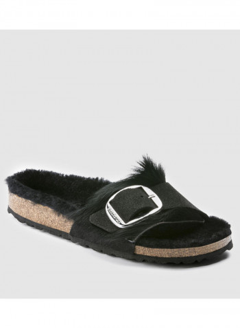 Madrid Big Buckle Fur Slides Black