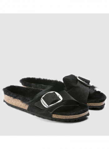 Madrid Big Buckle Fur Slides Black