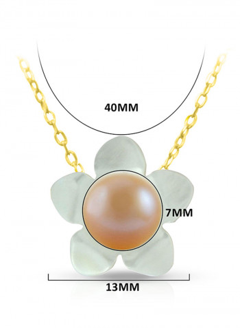 18 Karat Solid Yellow Gold 13 mm Mother Of Pearl Flower Shape With 7 mm Pearl Pendant Necklace