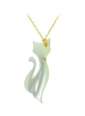 18 Karat Gold Cat With Crystal Design Mother of Pearl Necklace