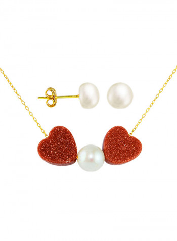 18K Gold Sunstones And Pearl Heart Jewellery Set