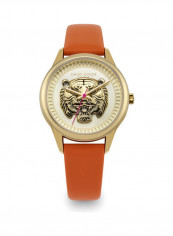 Women's Orange Leather Strap Watch With Gold 3D Tiger Dial