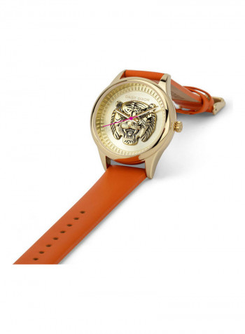 Women's Orange Leather Strap Watch With Gold 3D Tiger Dial